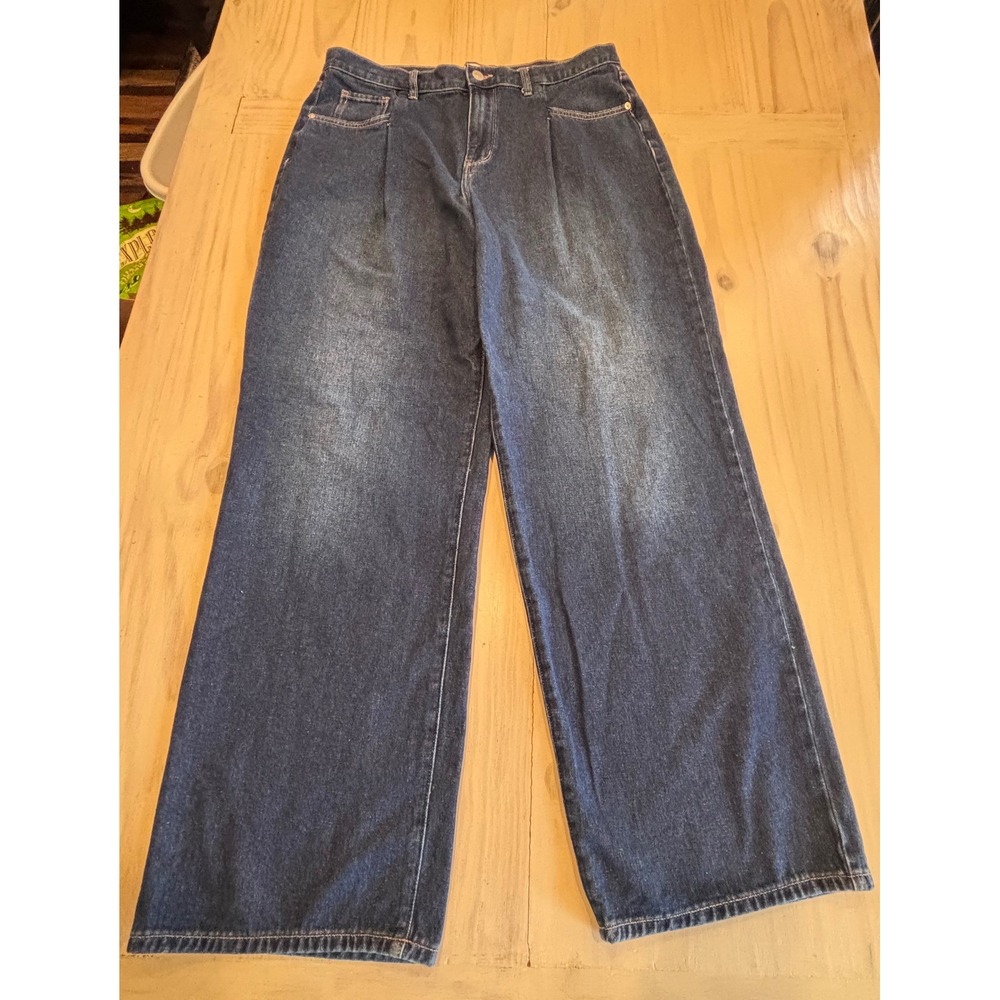 Wonderly Womens High Rise Wide Leg Pleated Denim Jeans Dark Wash Blue Size 14R